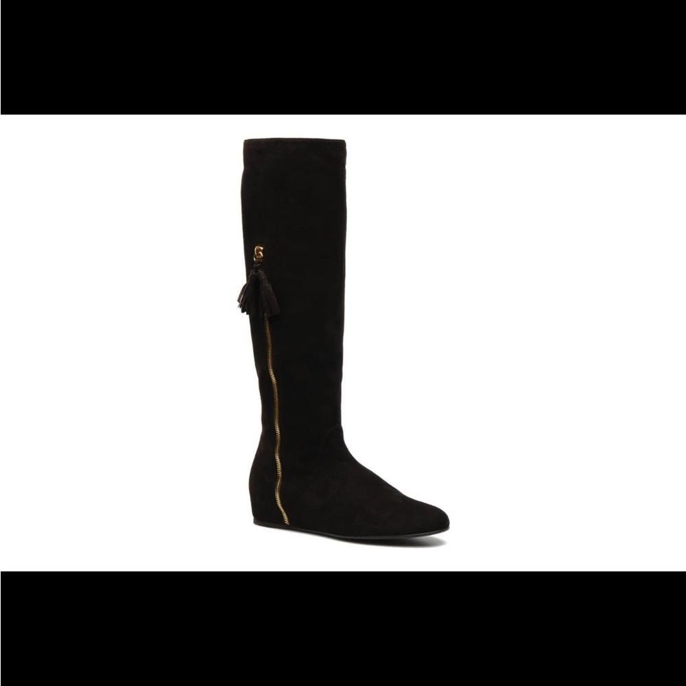 Stuart WeitzmanTass Black Suede hidden wedge knee high boots with Gold Zippers